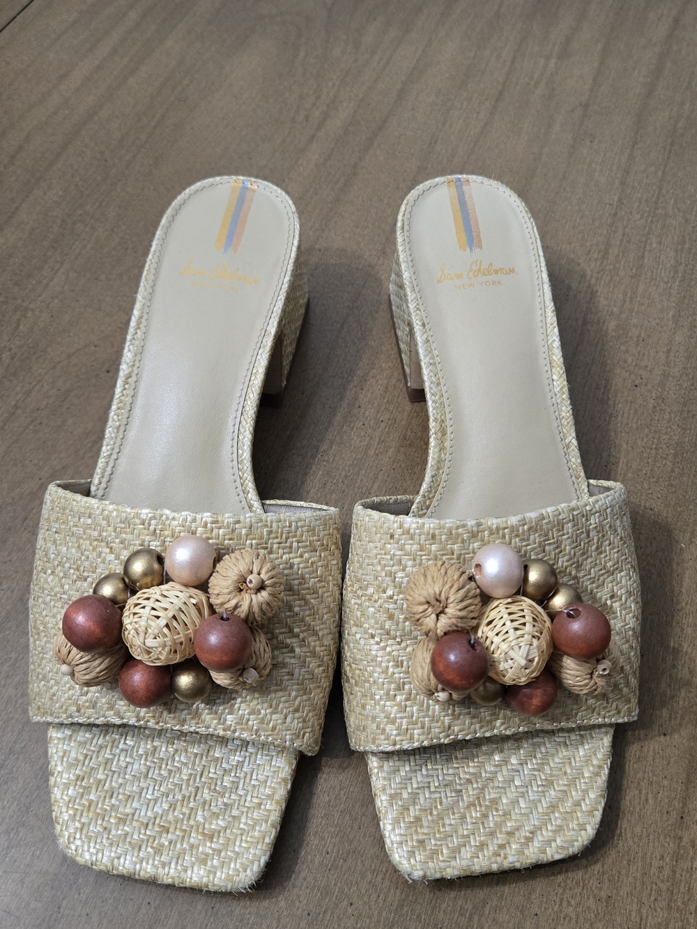Sam Edelman Beige Raffia Beaded Slide Heels